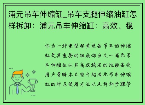 浦元吊车伸缩缸_吊车支腿伸缩油缸怎样拆卸：浦元吊车伸缩缸：高效、稳定的重型起重利器